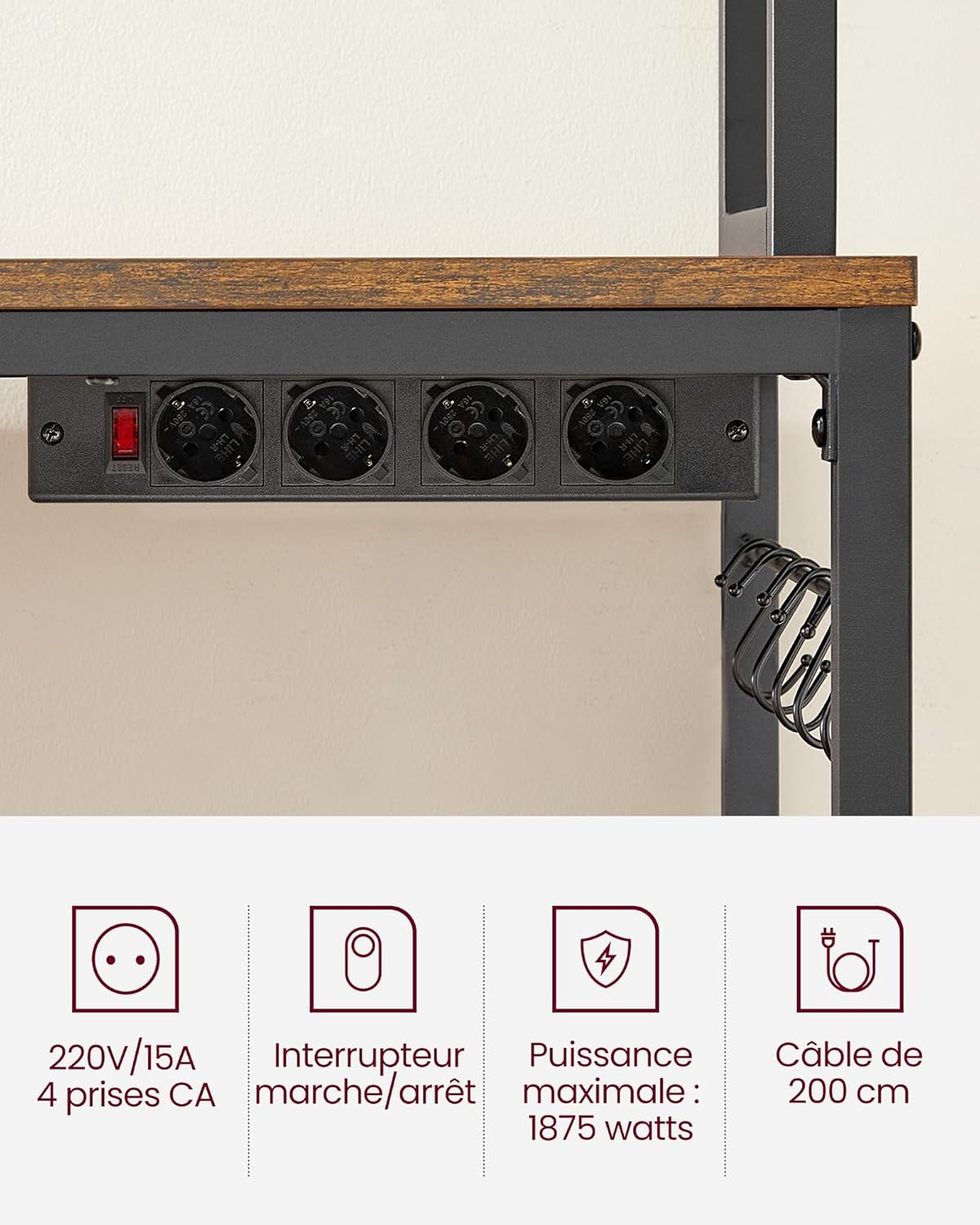 VASAGLE - étagère cuisine série KKS - 40x80x170 cm, multiprise, crochets, marron/noir, KKS025B01EU