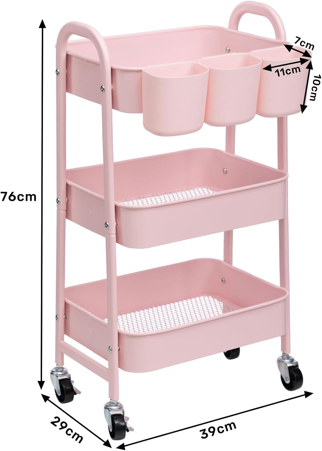 DOEWORKS - Chariot 3 niveaux métal, roulettes, cuisine/bureau, rose