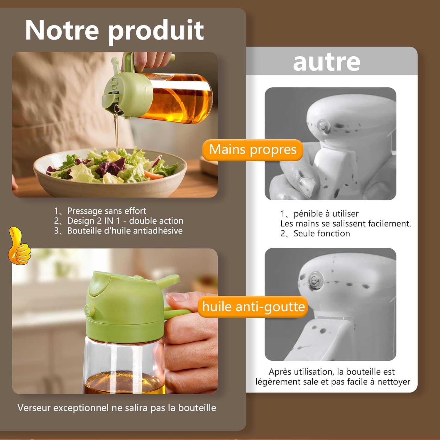 Vaporisateurs d'huile en verre 470ml 2en1 cuisine airfryer salad BBQ