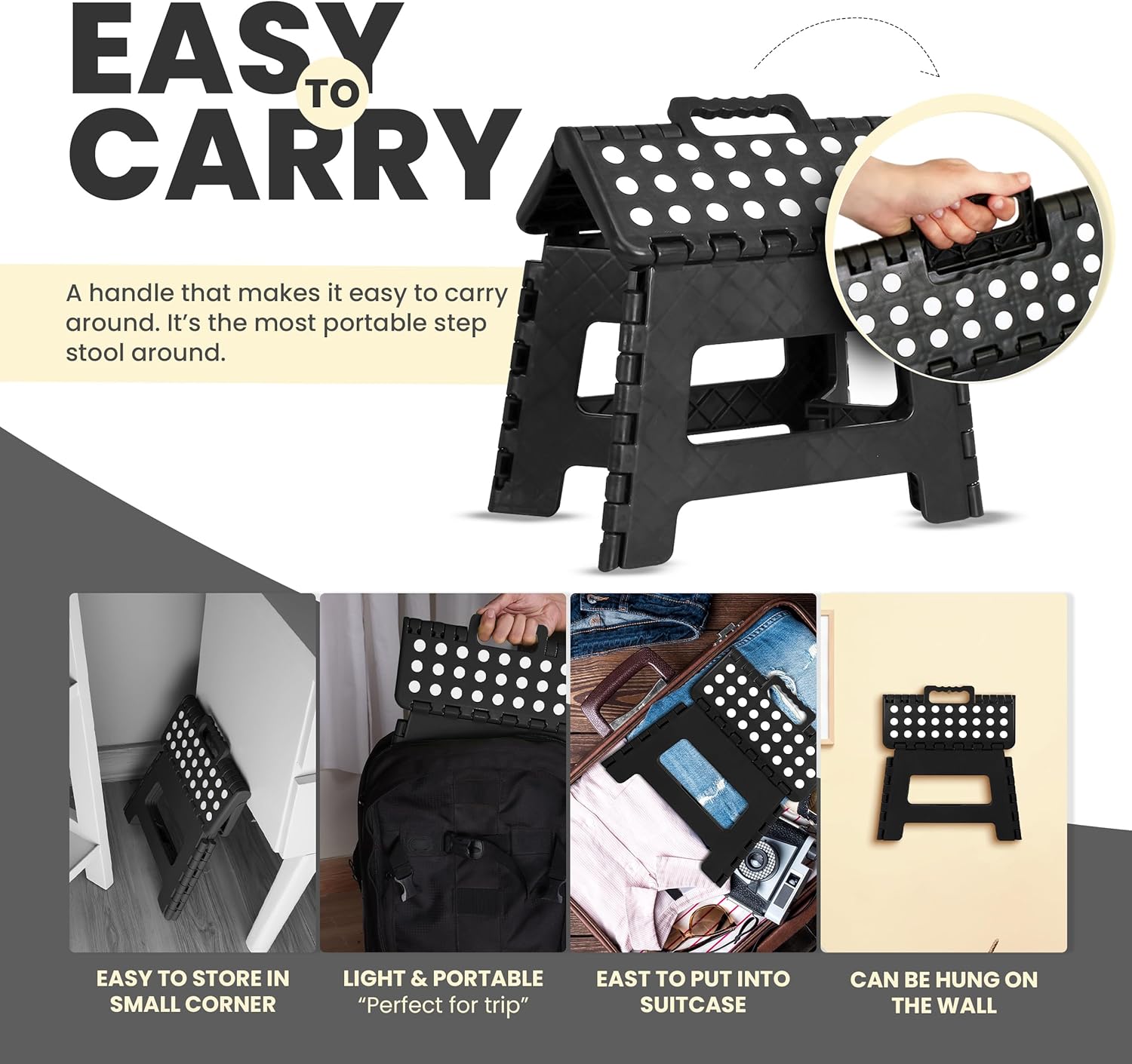 Utopia Home - Tabouret pliant 23 cm - portable, antidérapant, poignée, charge 272 kg