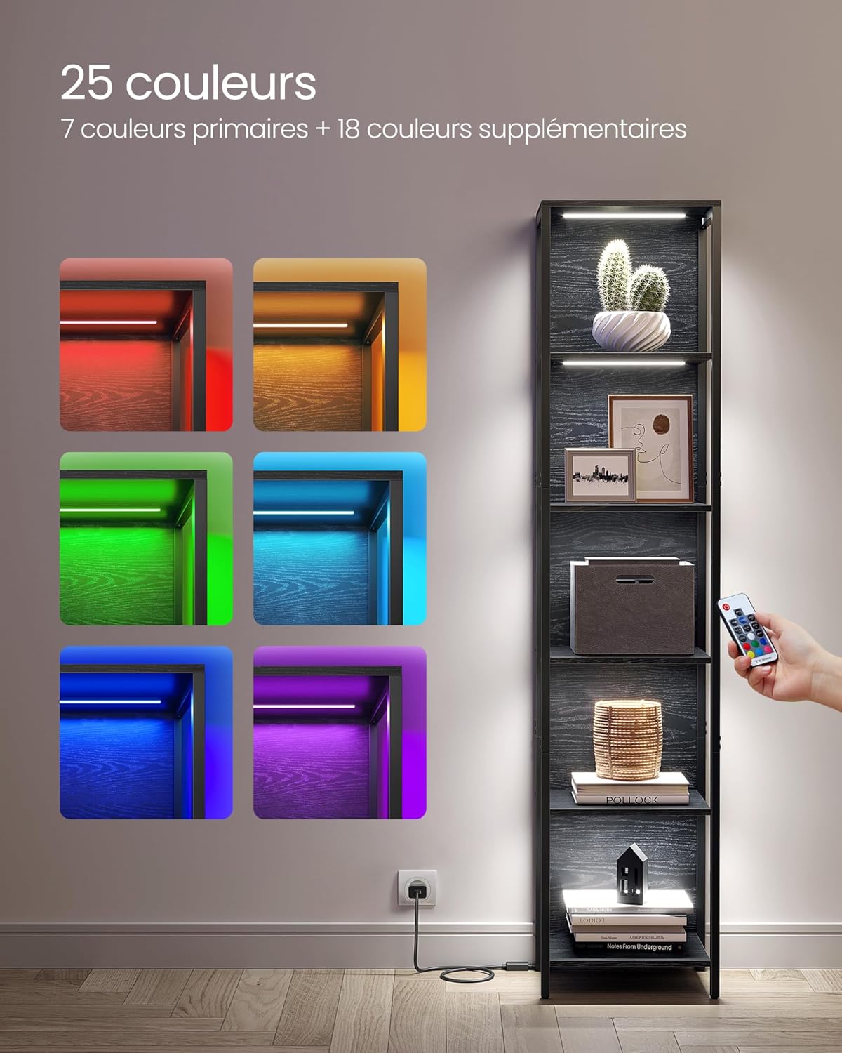 VASAGLE - bibliothèque 6 niveaux, LED réglable, acier, 30,3x40x178,6 cm, LLS121B57