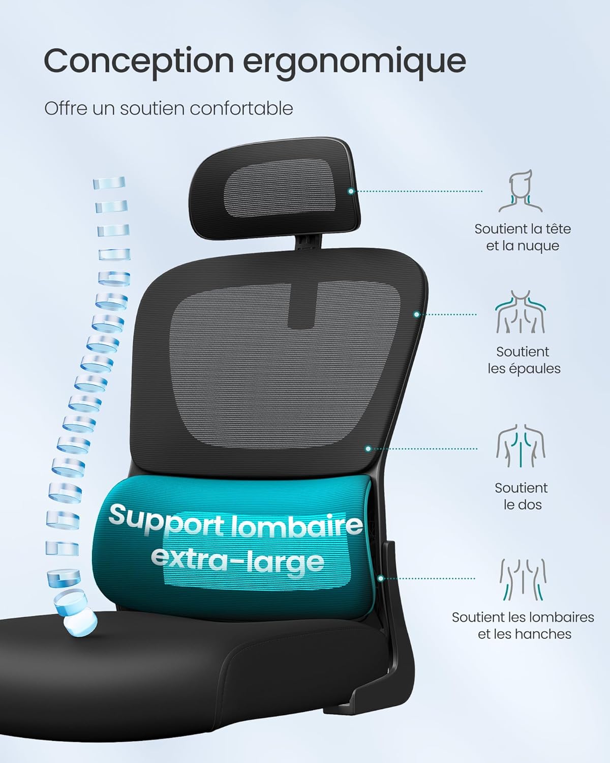 SONGMICS - chaise de bureau ergonomique, maille, appui-tête, OBN041B01