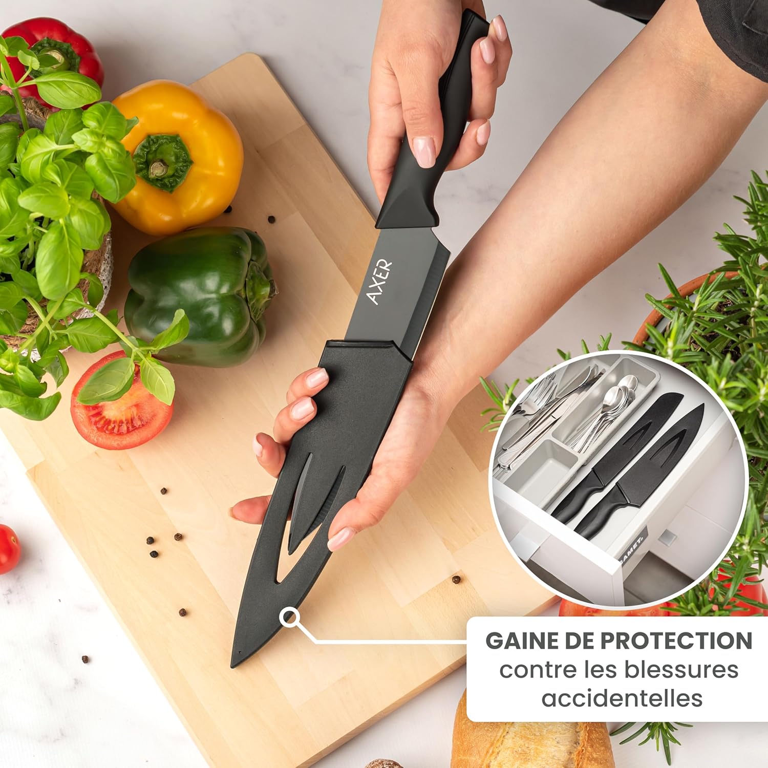 Axer - Chef Knife Série - 20 cm - Acier inox noir, étui inclus