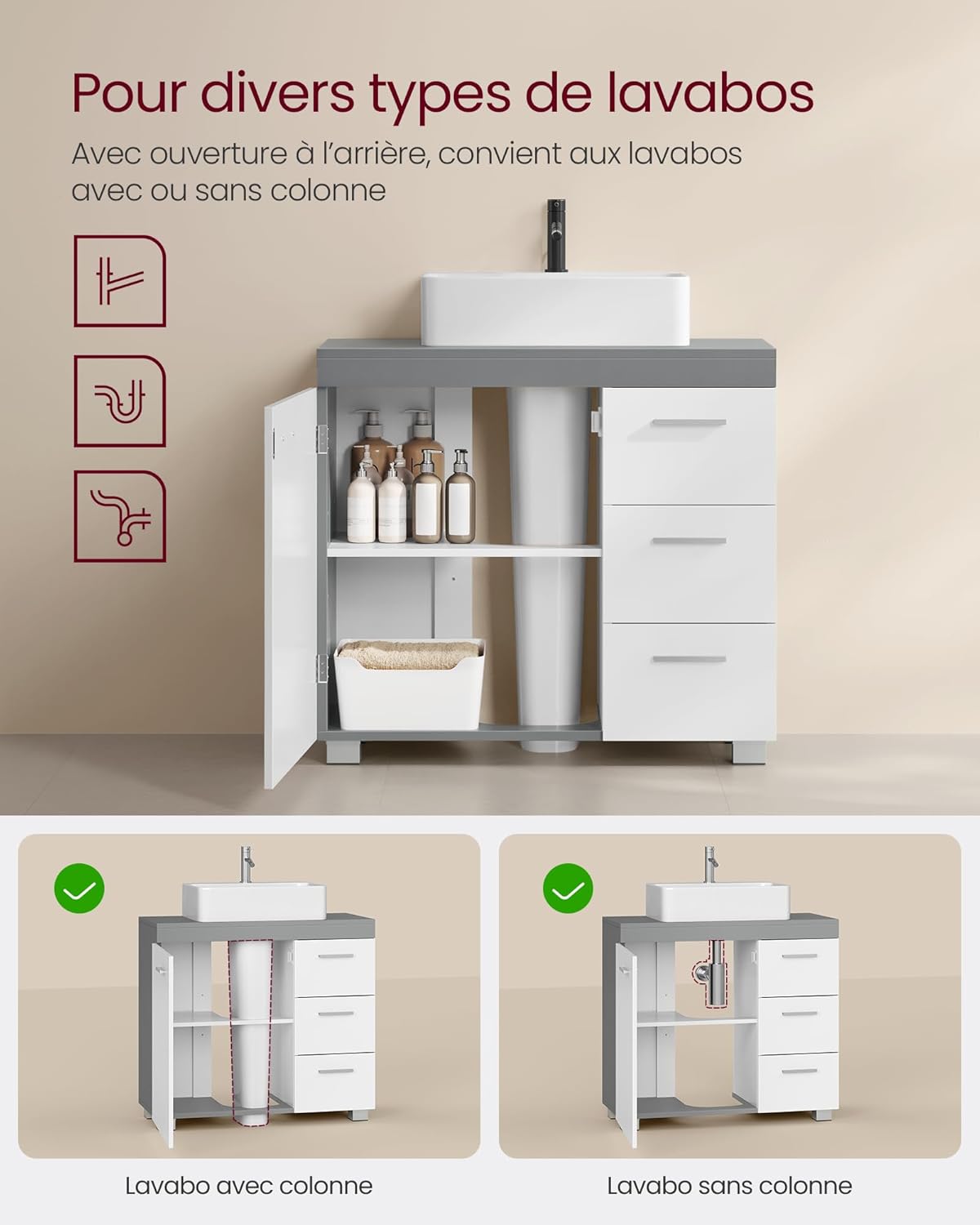 VASAGLE - meuble sous lavabo BBK504W02 - 30x70x64 cm - 3 tiroirs, 2 cases, blanc et gris