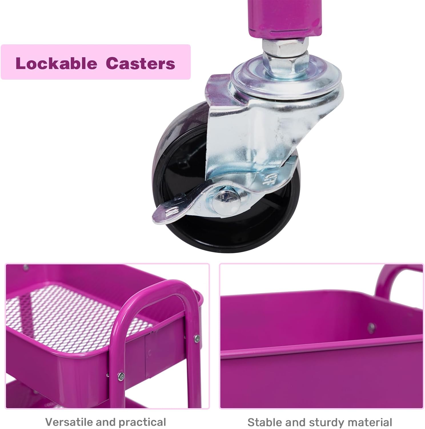 DOEWORKS - chariot rangement 3 niveaux métal roulettes 40x30x86cm, bleu/violet