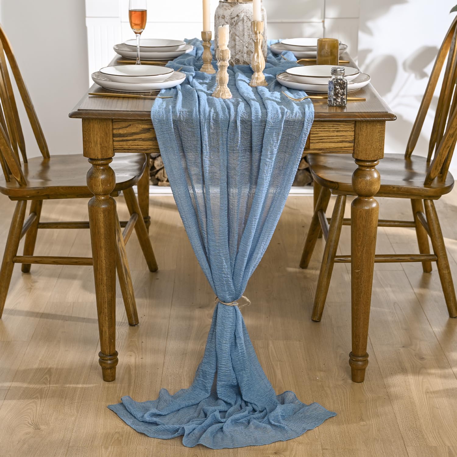Artoid Mode - série Chemins de Table - 300 cm - gaze mousseline bleu bohême, idéal mariage/anniversaire