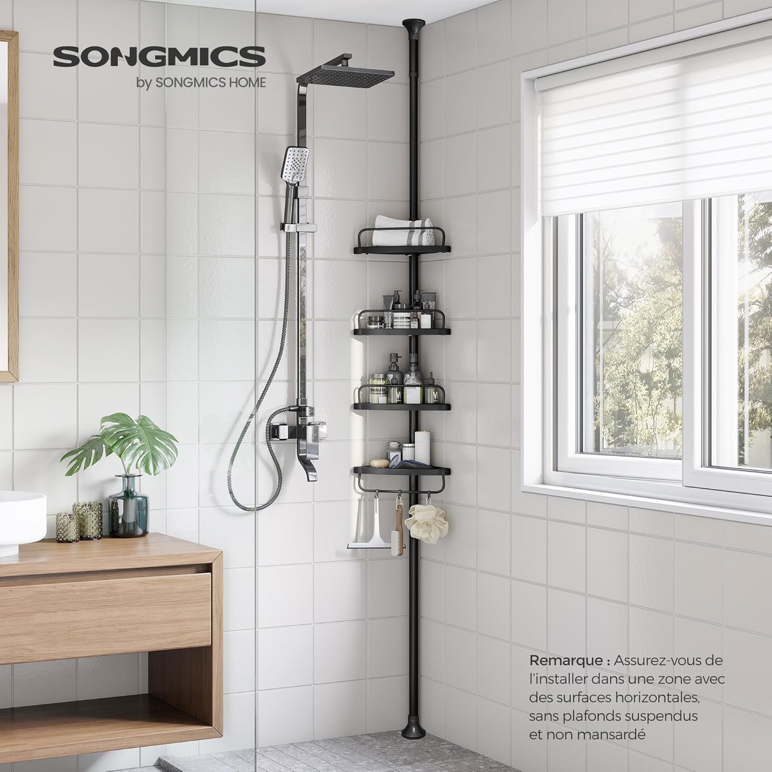 SONGMICS - étagère de douche télescopique 85-305cm - 4 niveaux réglables - rangement salle de bain - BCB001B01