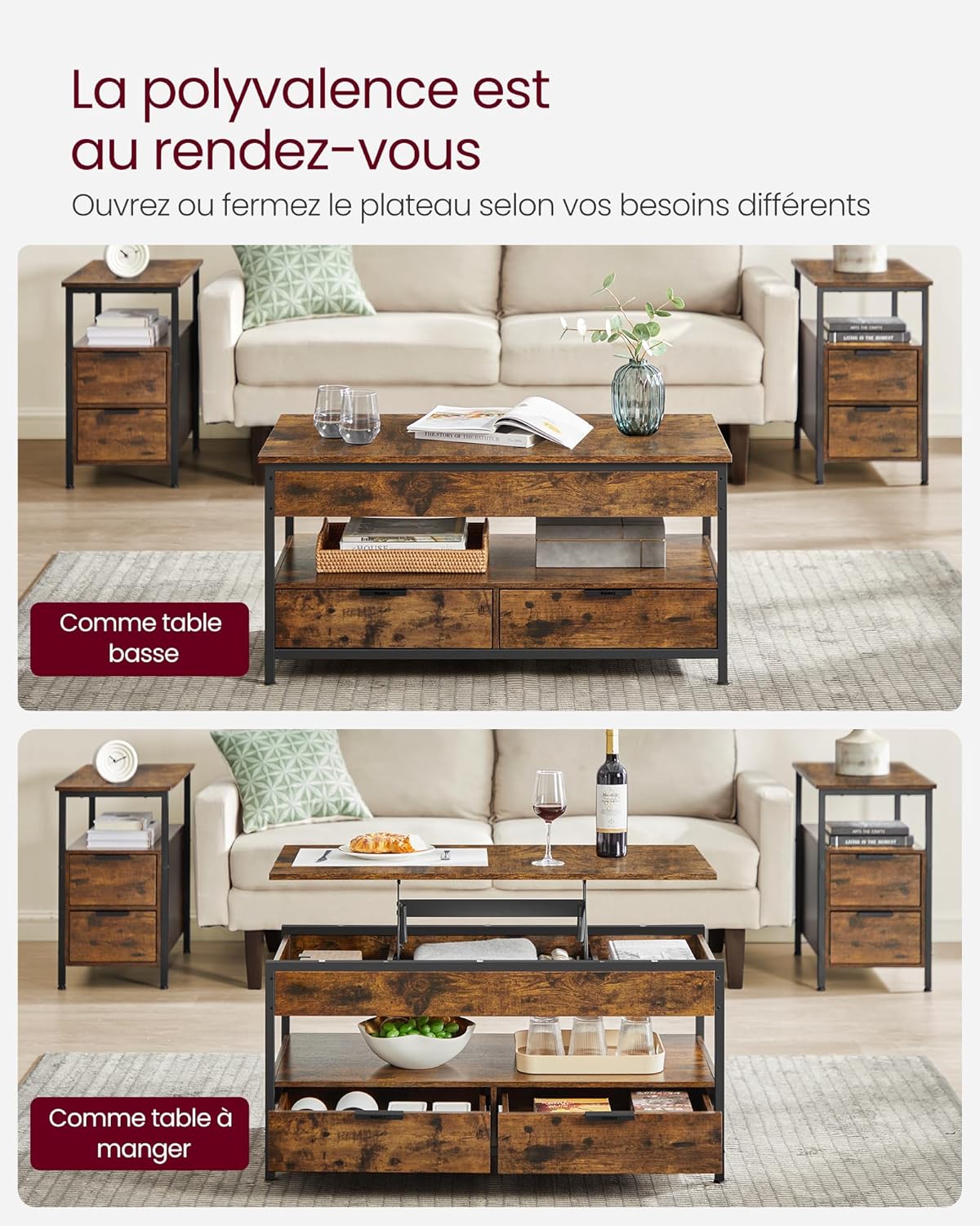 VASAGLE - Table basse plateau relevable, tiroirs, rangement - LCT209K01