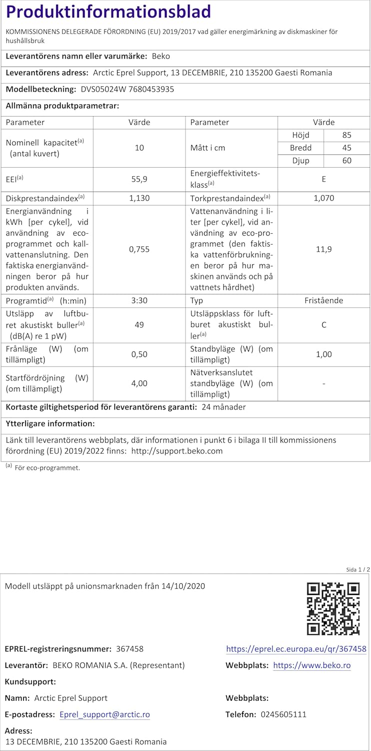 Beko - lave-vaisselle 10 couverts compact 45cm, autoportant - DVS05024W