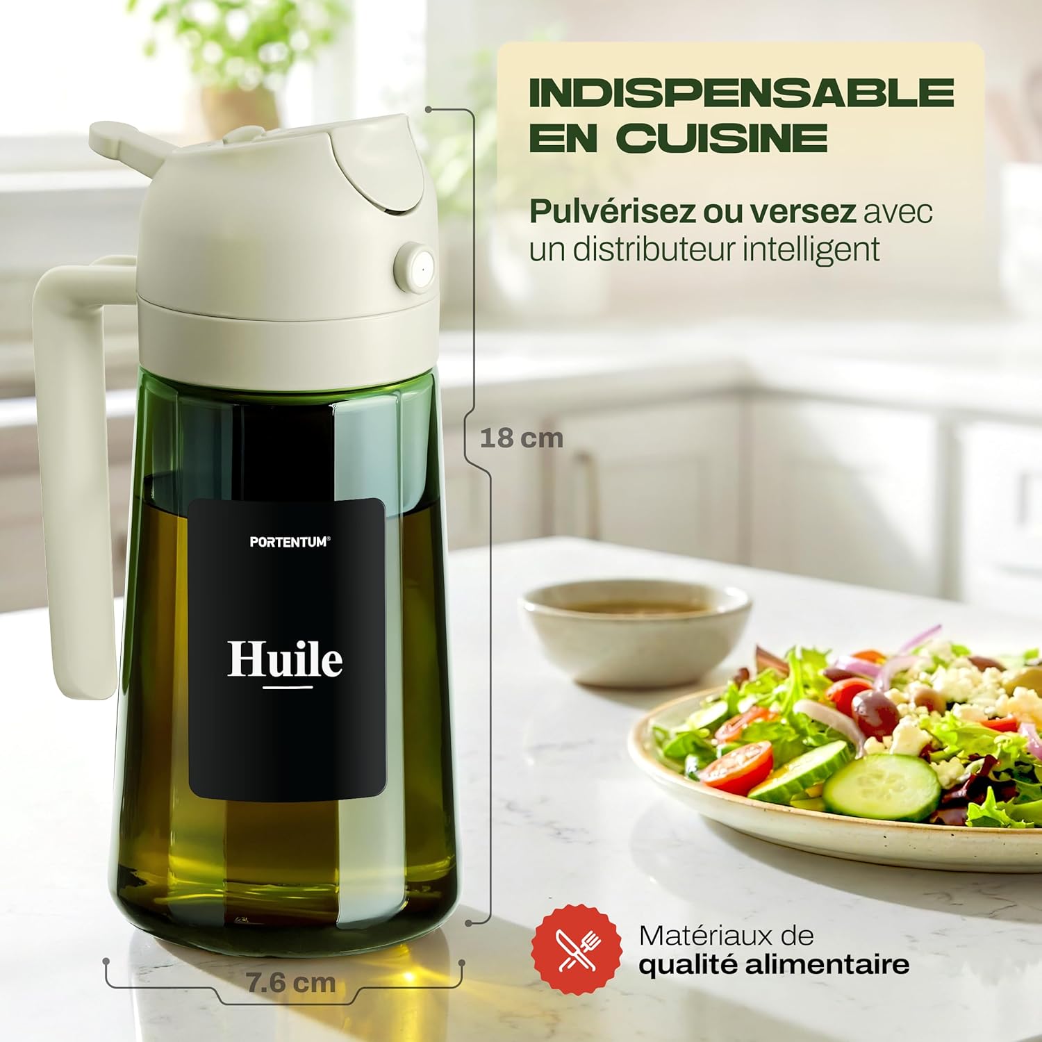 PORTENTUM - spray huile cuisine 2 en 1 - 470ml - verre vert, double usage