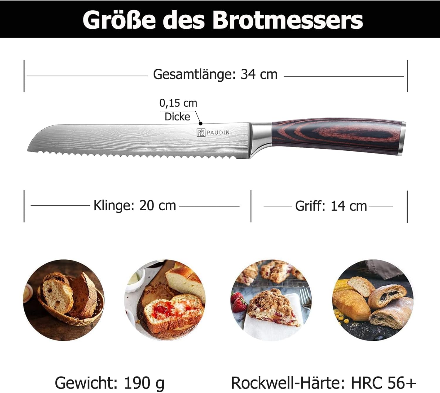 PAUDIN - Couteau à Pain Série Pro - 8 pouces - lame dentelée inox haut carbone