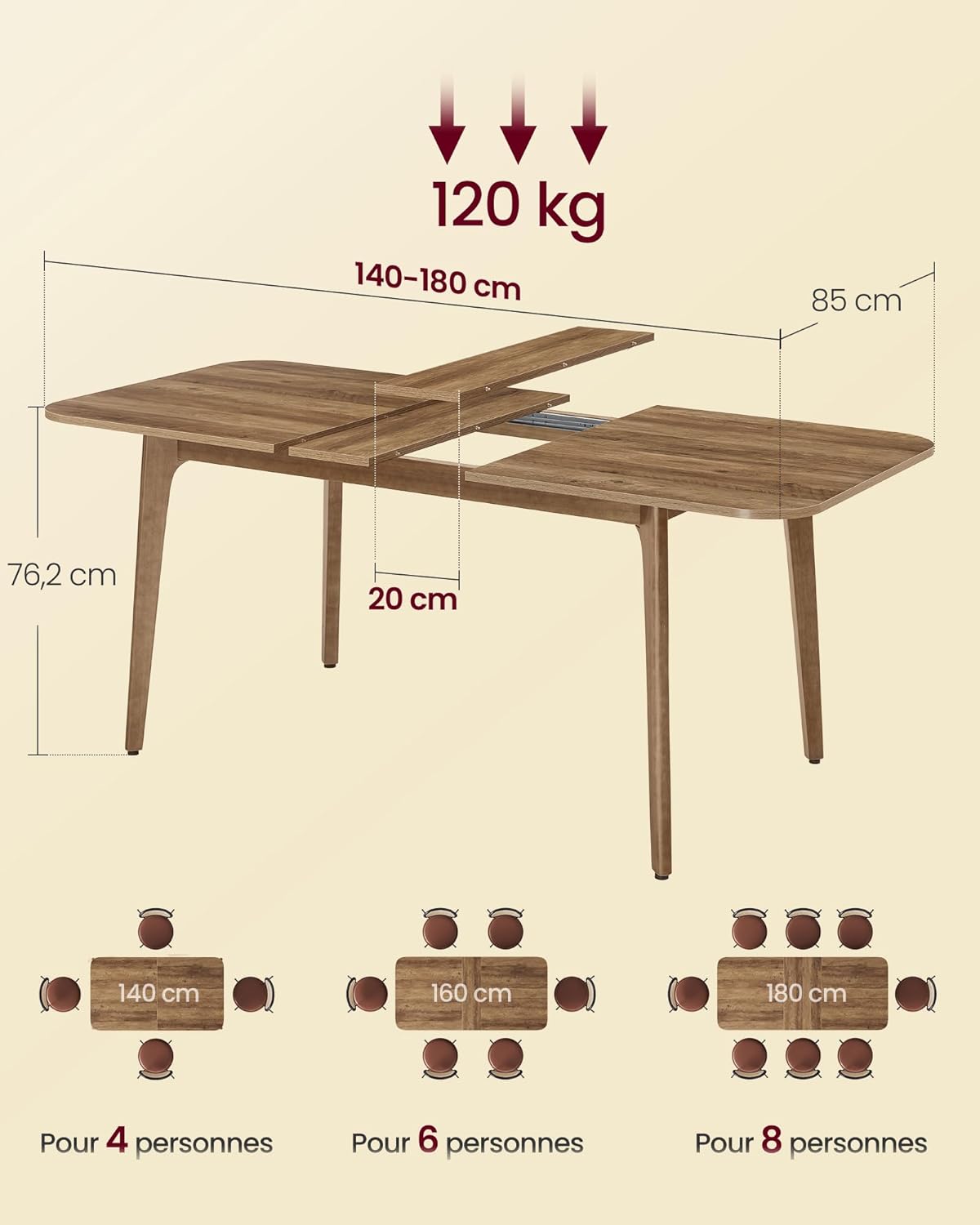 VASAGLE - Table extensible salle à manger, 120kg, marron miel, KDT090K01