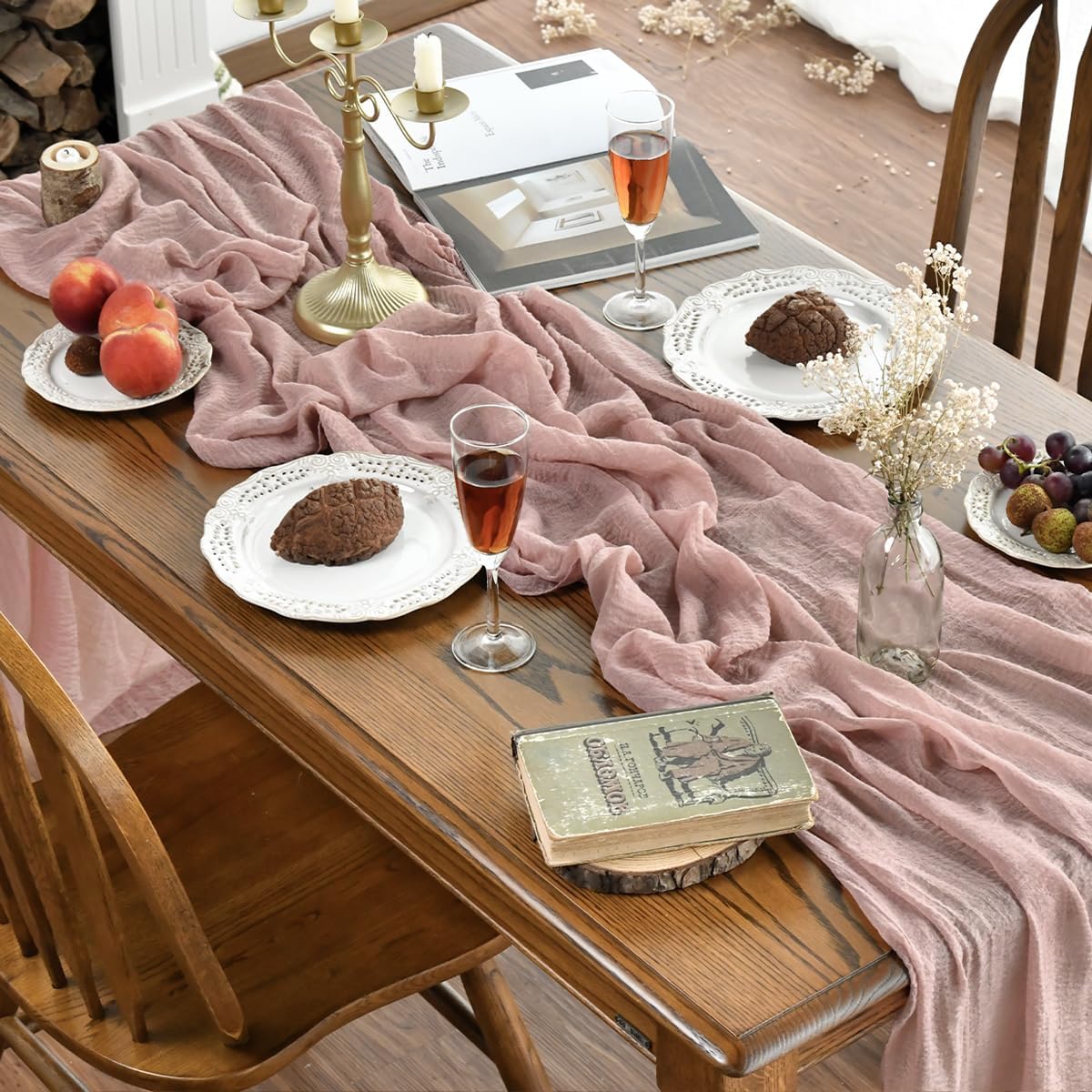 Artoid Mode - Lot de 2 chemins de table - 300 cm - mousseline boho rose poussiéreux