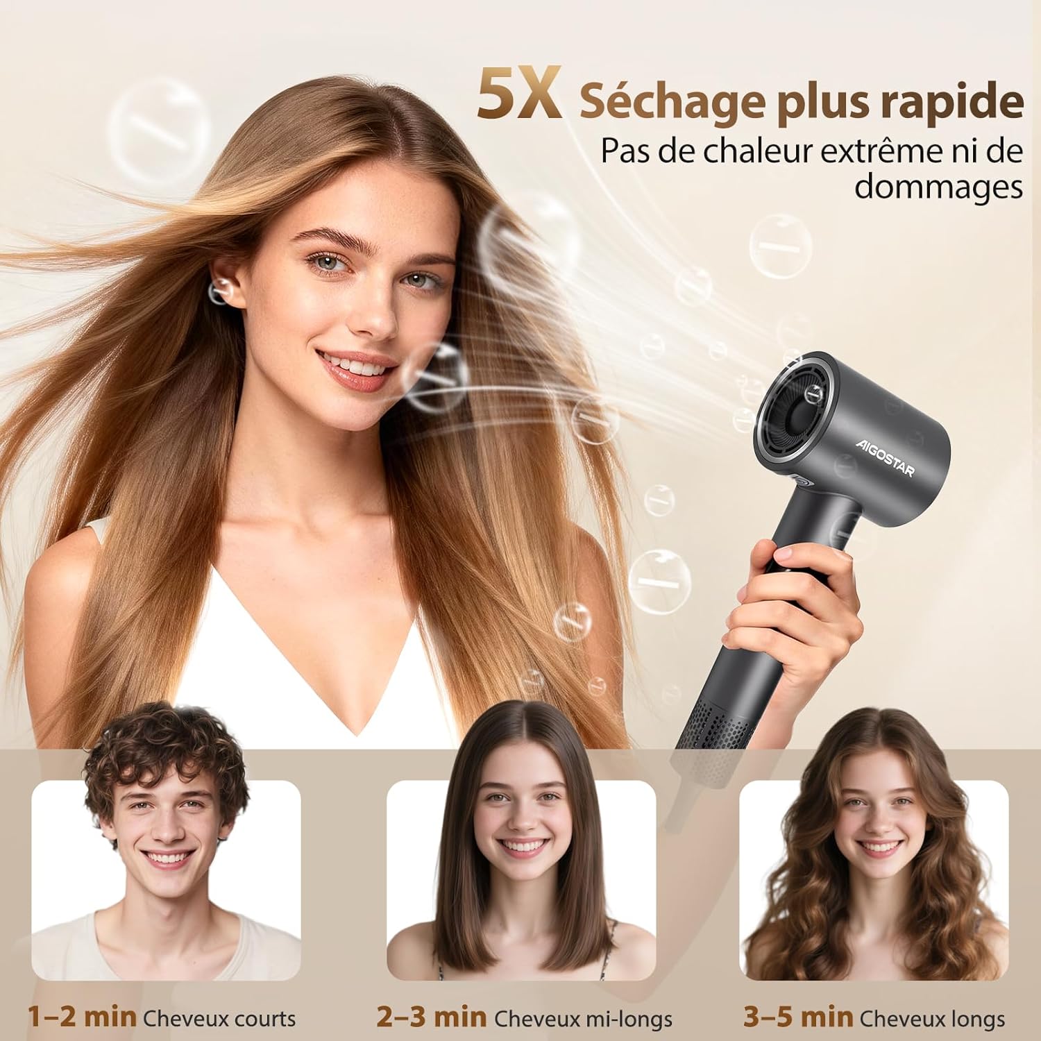 Aigostar - Sèche-cheveux BLDC léger, 450g, 200M ions, silencieux, 55dB, 110.000 tr/min