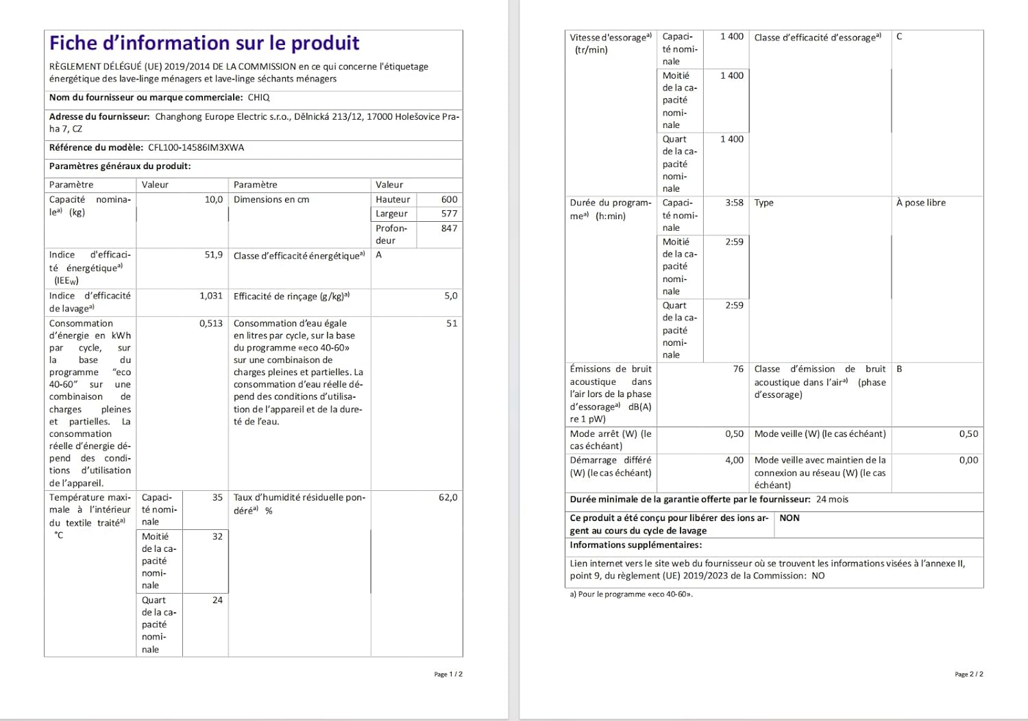 CHiQ - lave-linge Space Pro 10kg, 1400tr/min, IA, vapeur, CFL100-14586IM3XWA