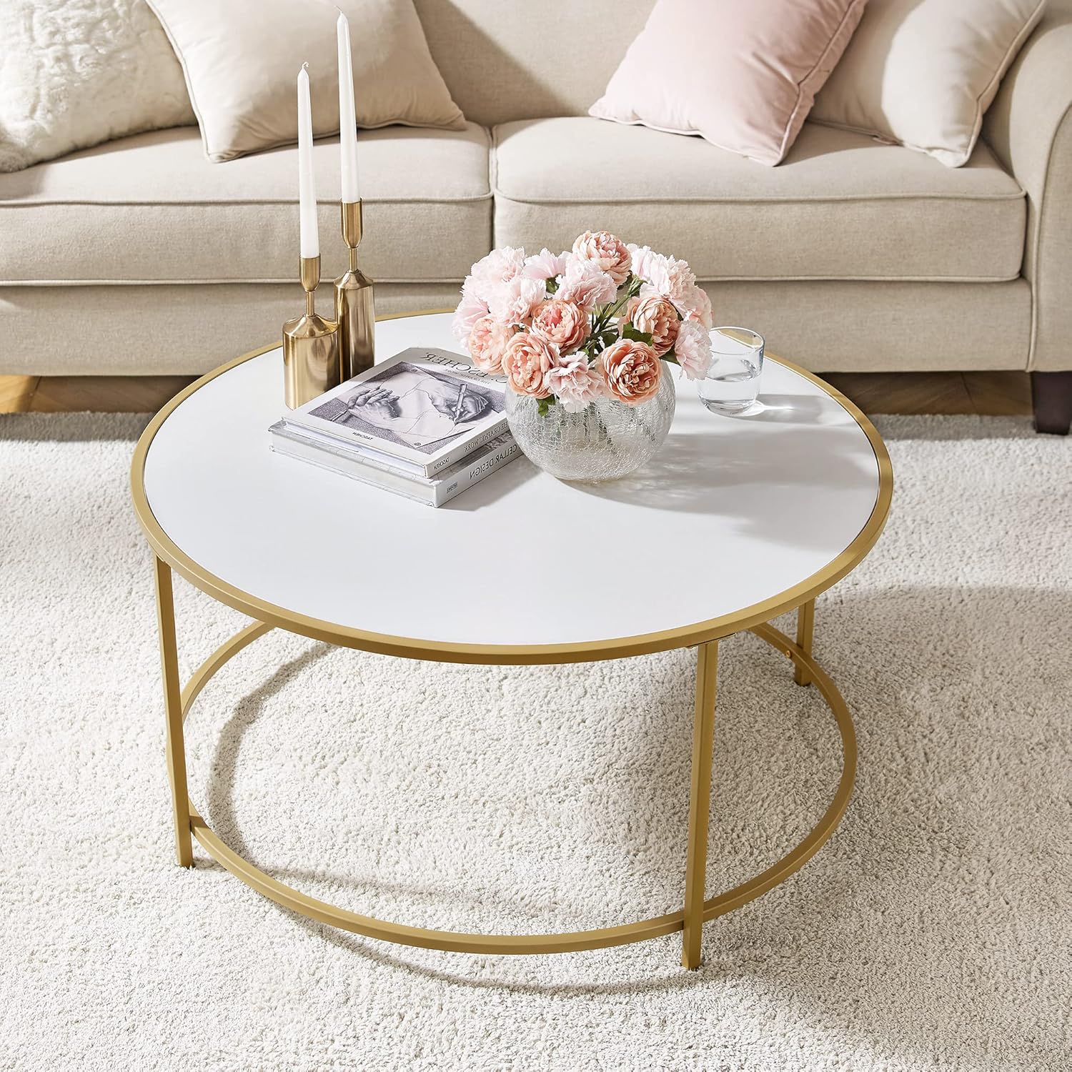 VASAGLE - Table basse ronde verre et acier, doré blanc, LCT091A10