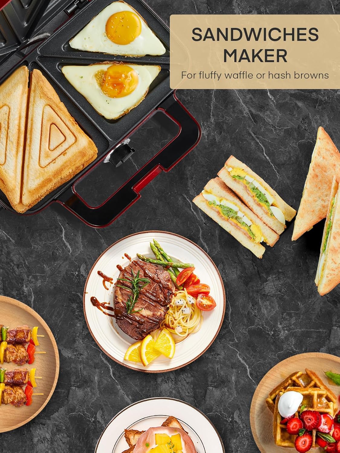 Croque Monsieur multifonction - 1200W - plaques amovibles, 5 vitesses, chauffe rapide, nettoyage facile, rouge