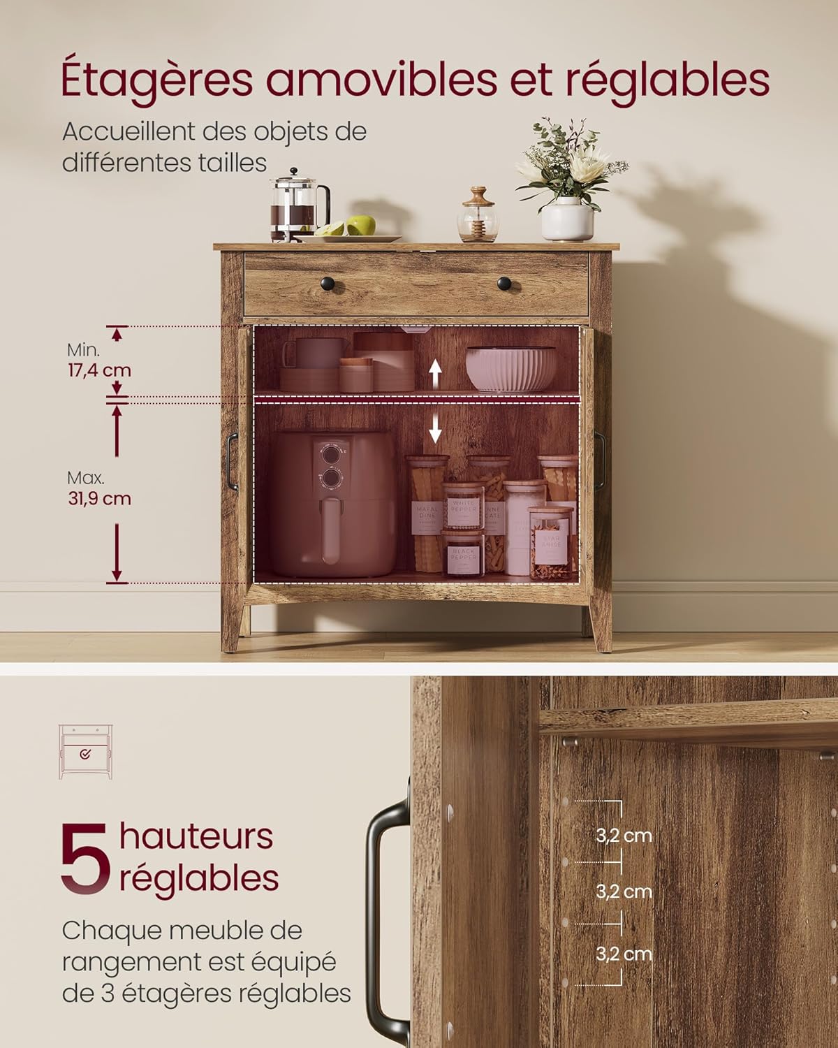 VASAGLE - Buffet Campagne, rangement portes et tiroir, 40x80x80 cm BBK341K01
