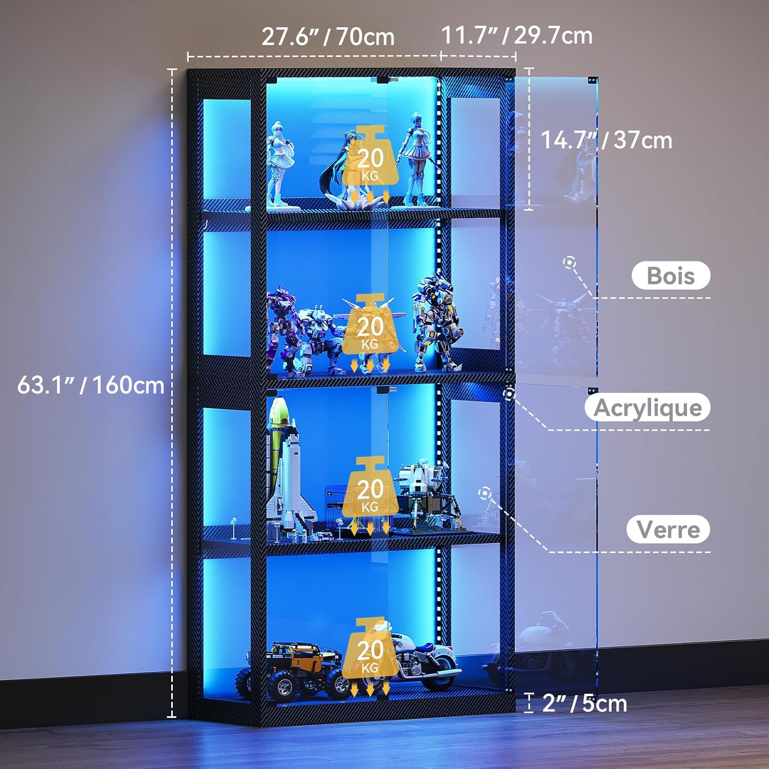 Coleshome - vitrine 4 étagères LED - portes verre, kit anti-chute, noir