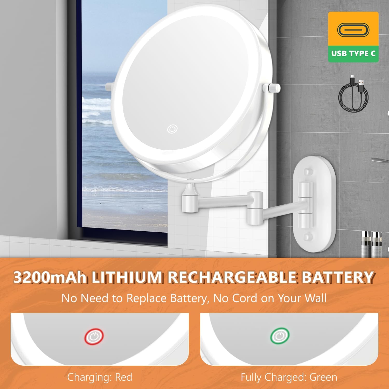 Auxmir - miroir mural série lumineuse - 8 pouces - grossissement 1x/30x, 3 couleurs, tactile, USB, 360° pivotant