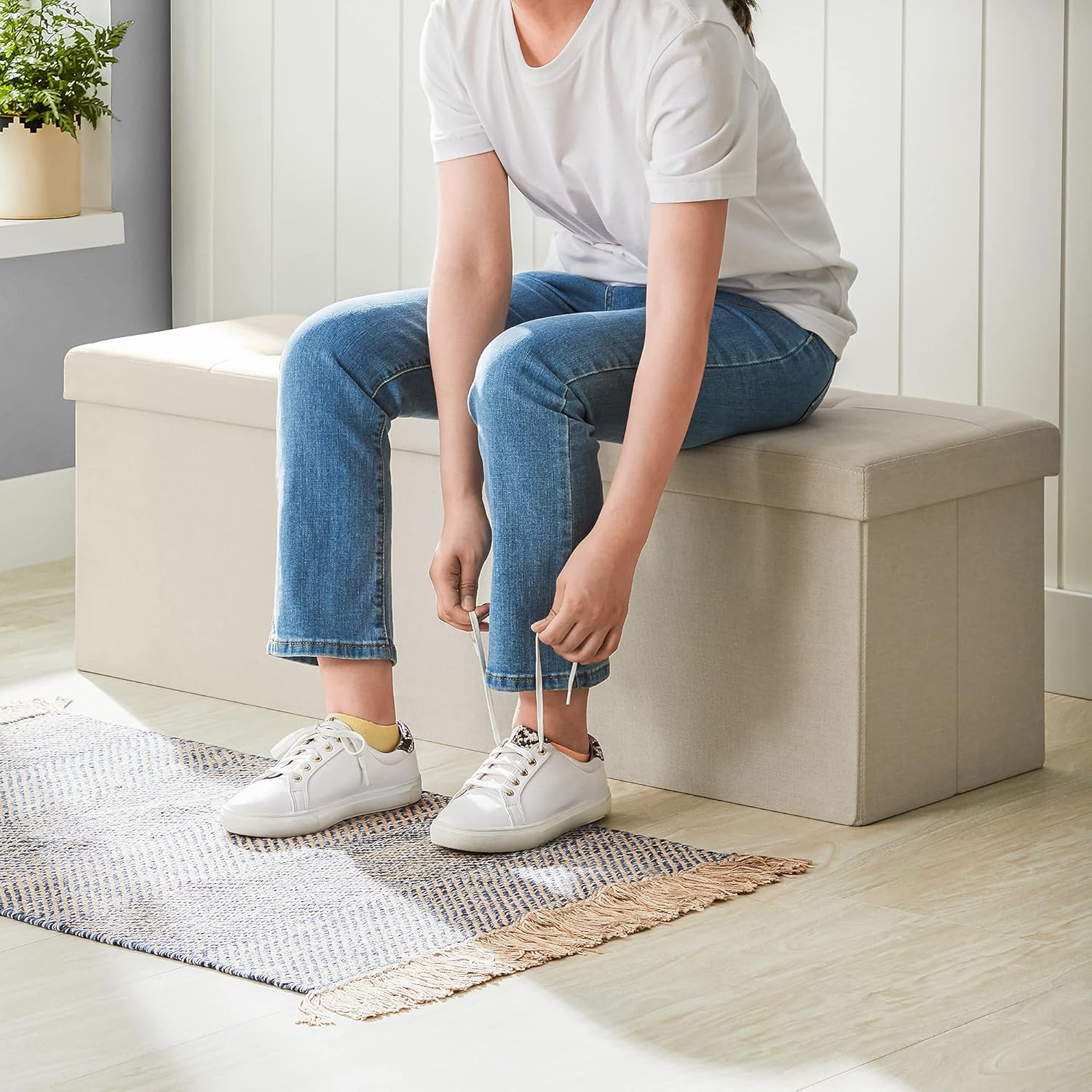 SONGMICS - banc de rangement pliable, 110x38x38 cm, 300 kg, blanc crème LSF77BE