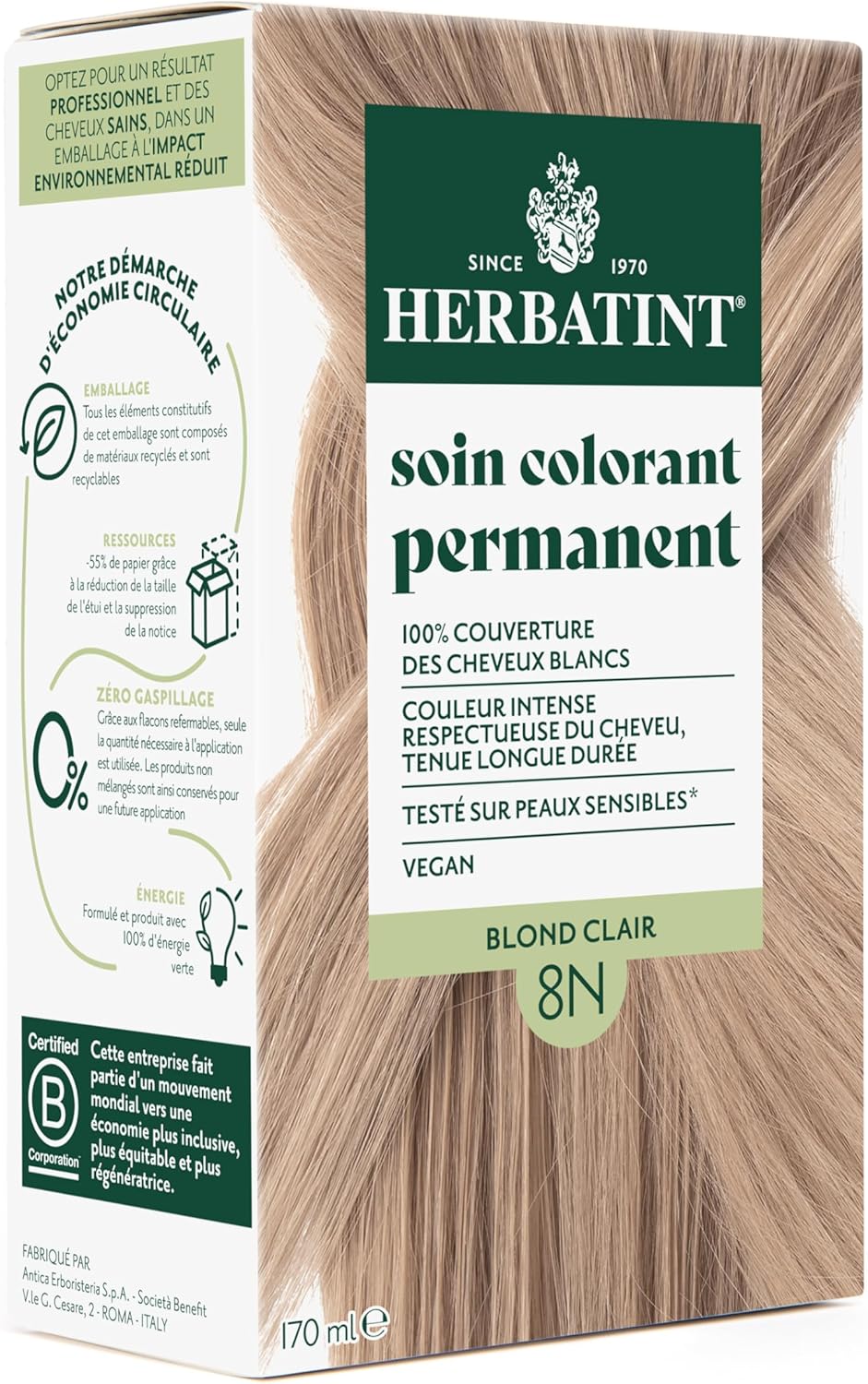 Herbatint - Coloration 8N - 170ml - Blond Clair, sans ammoniaque, 8 extraits bio