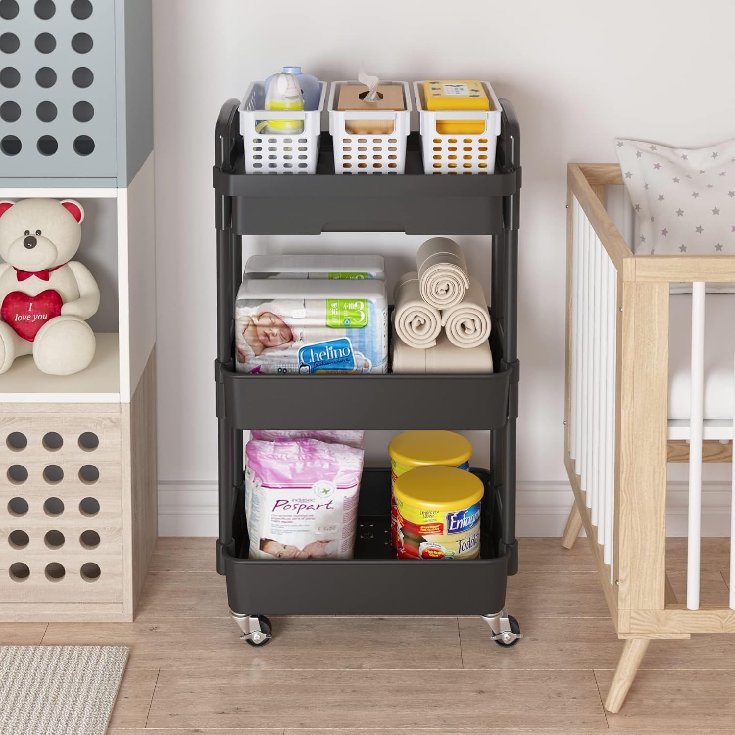 Chariot de rangement - 3 niveaux, roulettes, plastique, tiroir, compact