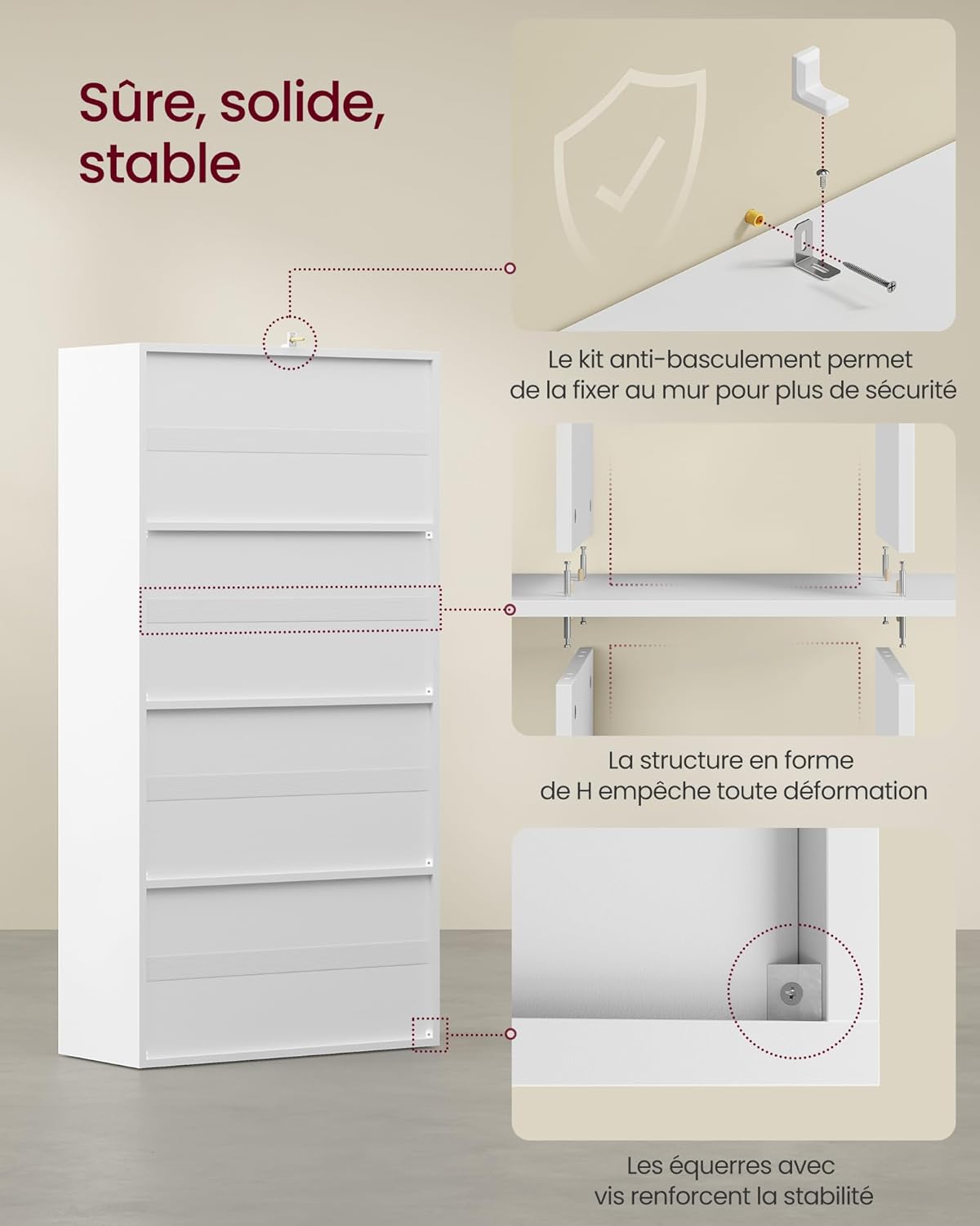 VASAGLE - Bibliothèque (serie LB) - 29x65,8x130cm - 4 niveaux, 2 placards, blanc LBC508WB01