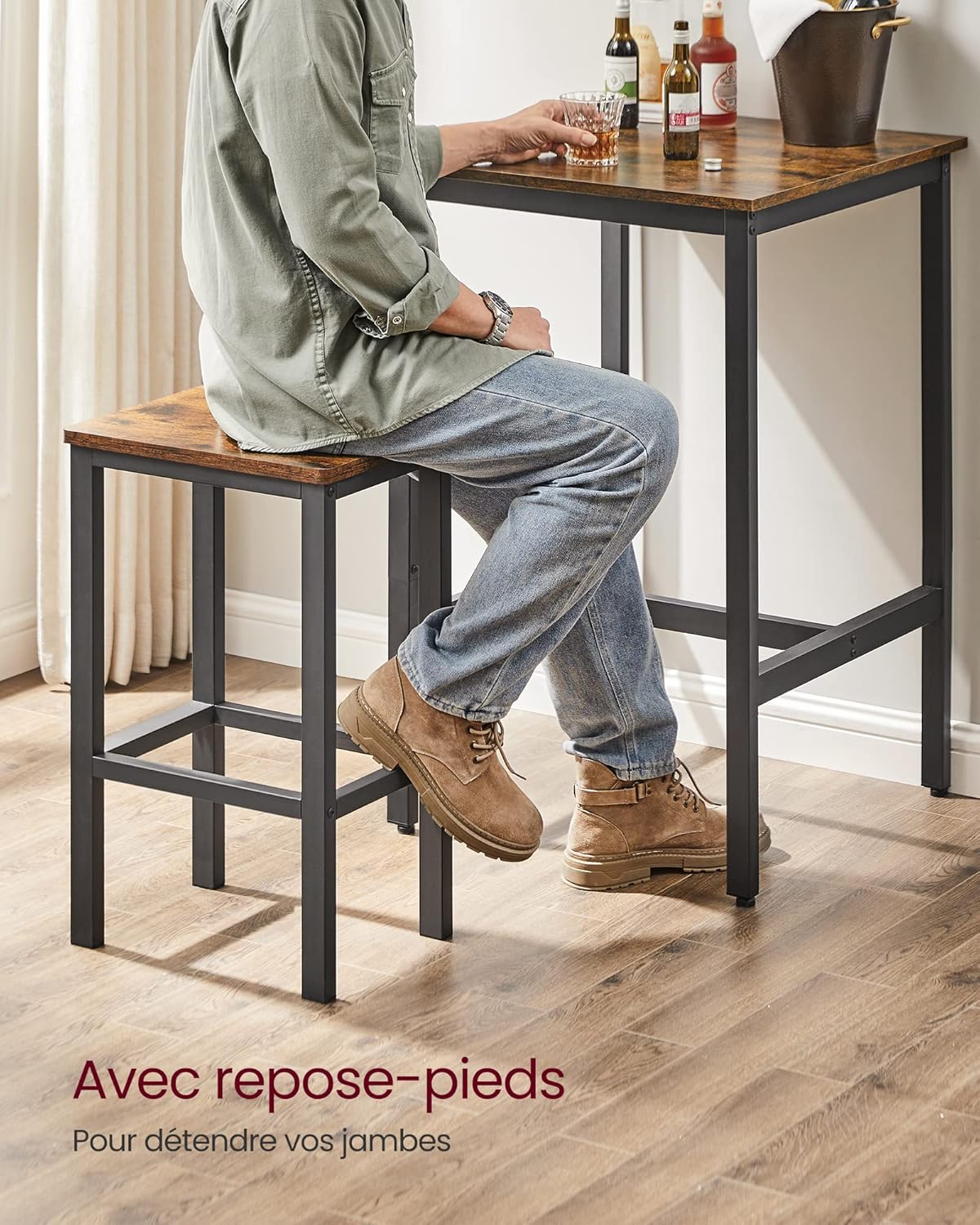 VASAGLE - Ensemble table de bar 2 tabourets, compact, bois métal, LBT017B01