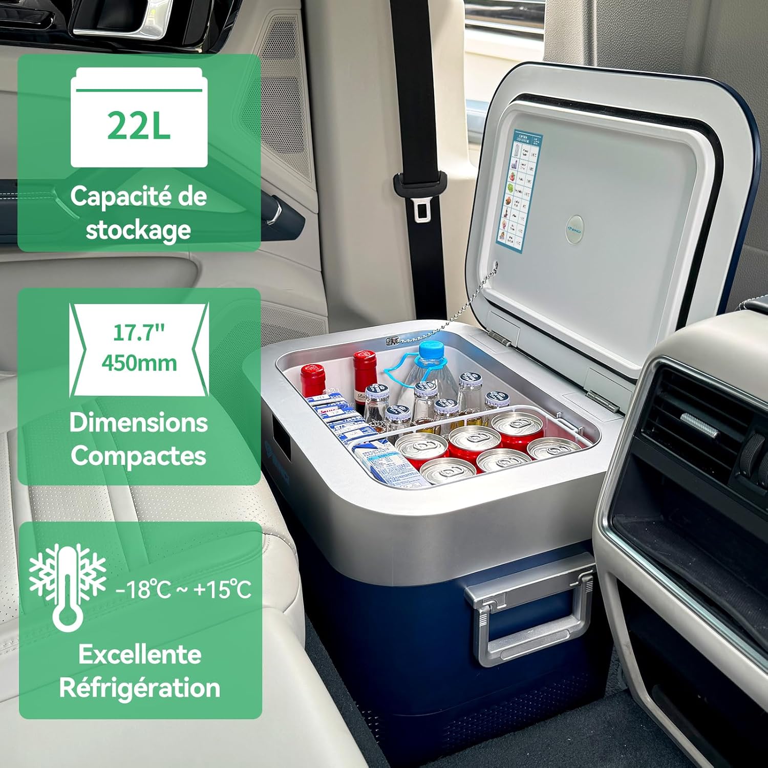 BINGI - glaciere electrique 22L - silencieuse, -18°C/+15°C, 12V/24V/220V