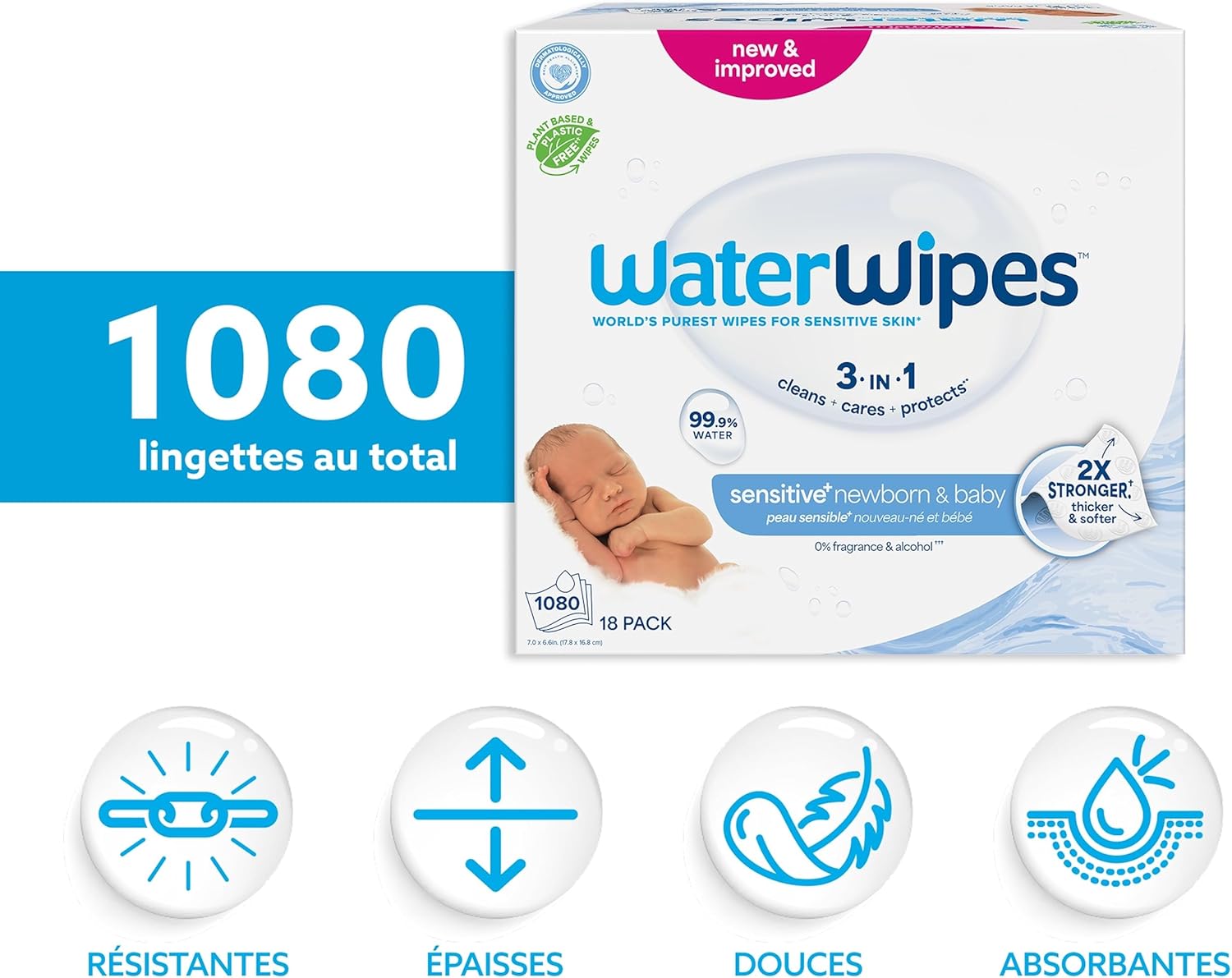 WaterWipes - Sensitive+ Newborn - 1080 lingettes - 99,9% eau, hypoallergénique