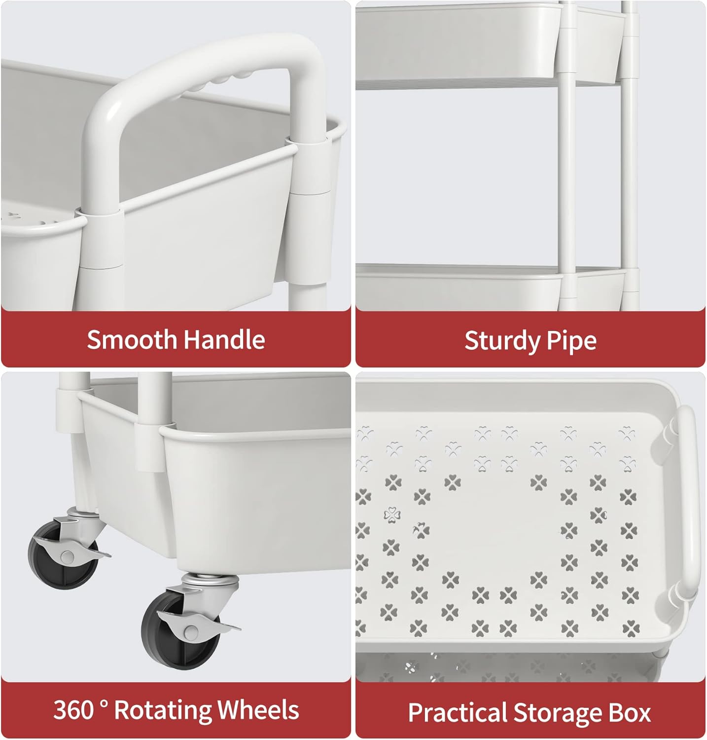 Sywhitta - chariot rangement 3 couches 39x29x76cm, roulettes, blanc