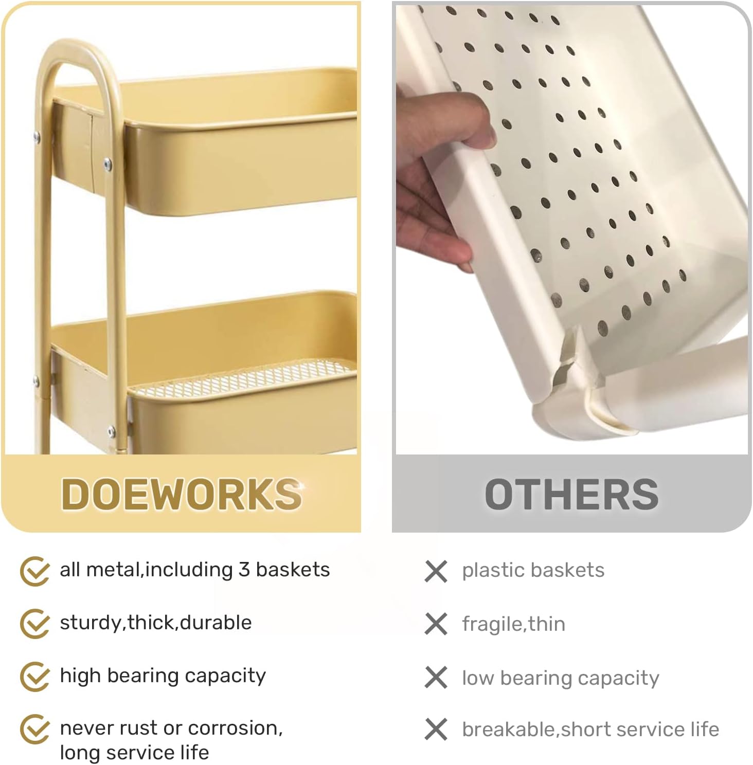 DOEWORKS - Chariot à roulettes 3 niveaux, métal, rangement cuisine, beige, compact