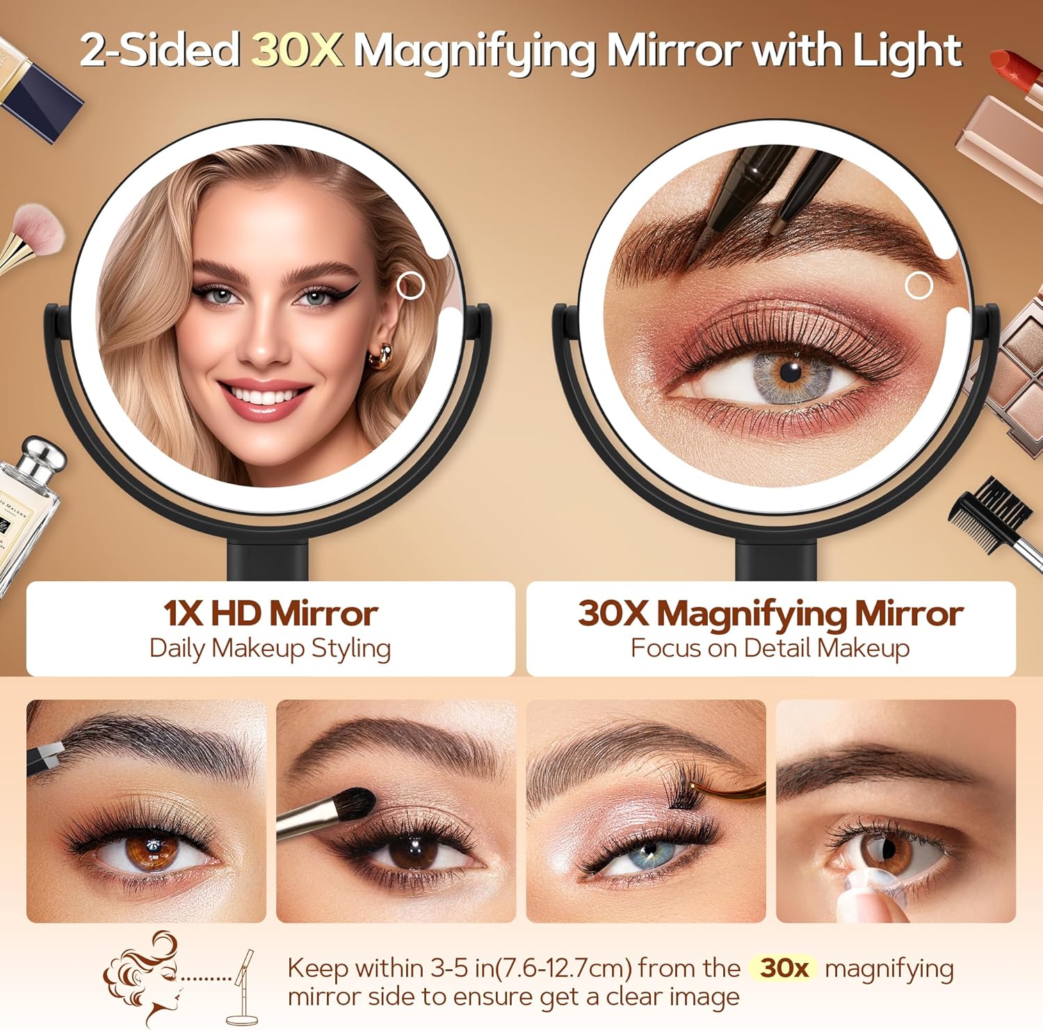 B Beauty Planet – miroir maquillage LED 2 faces, 30X, 3 lumières, hauteur réglable