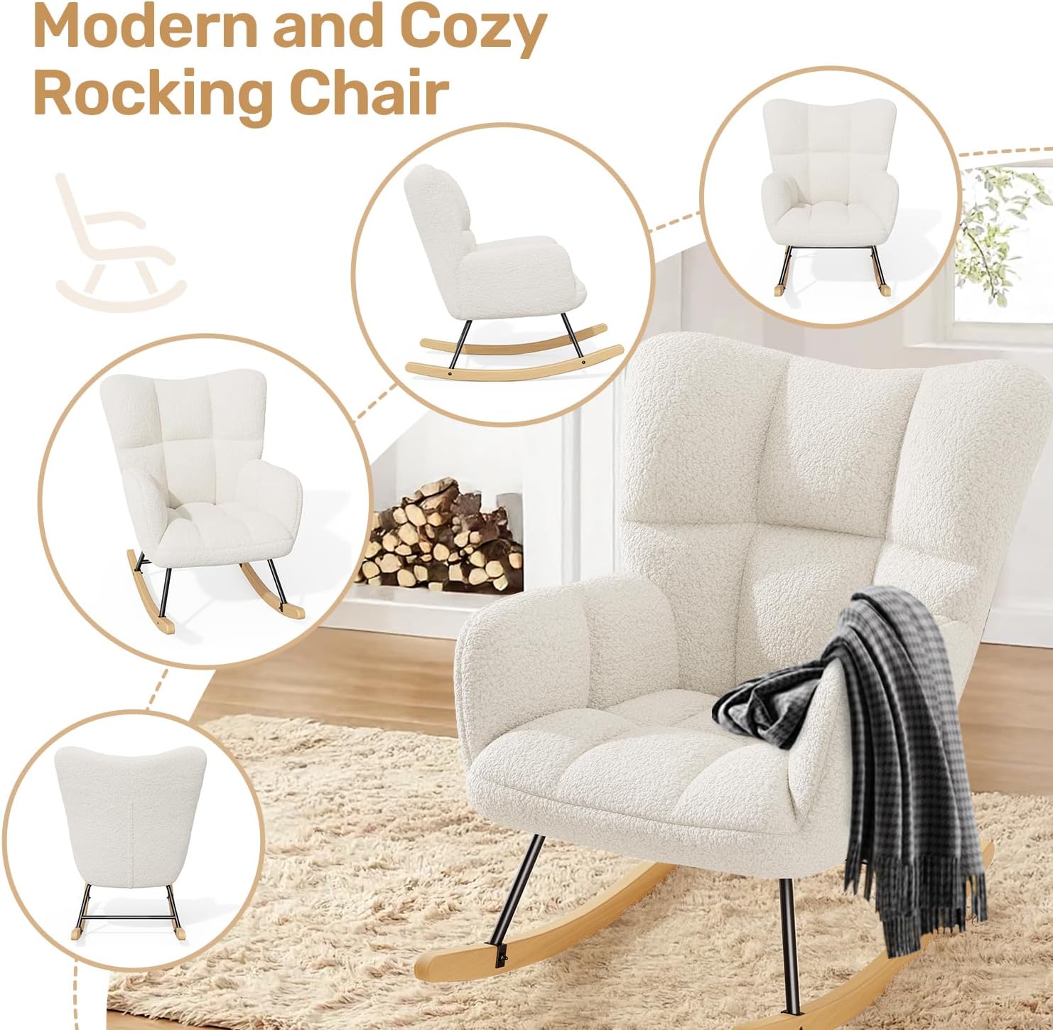 Fauteuil à bascule scandinave - velours, bois, 136kg, blanc, confort