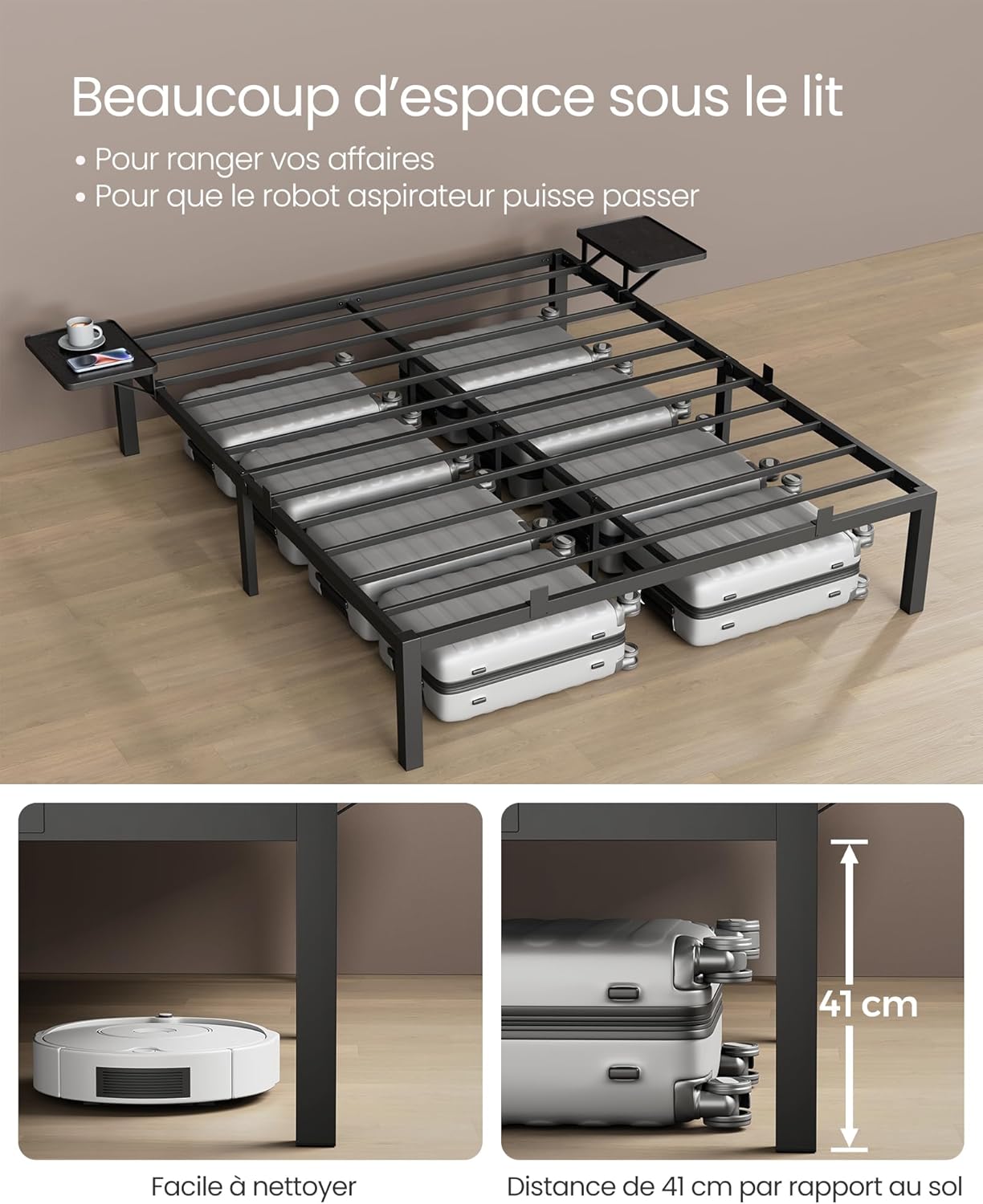 VASAGLE - Cadre de lit métal, étagères, tête de lit, 160x200 cm, RMB095B01