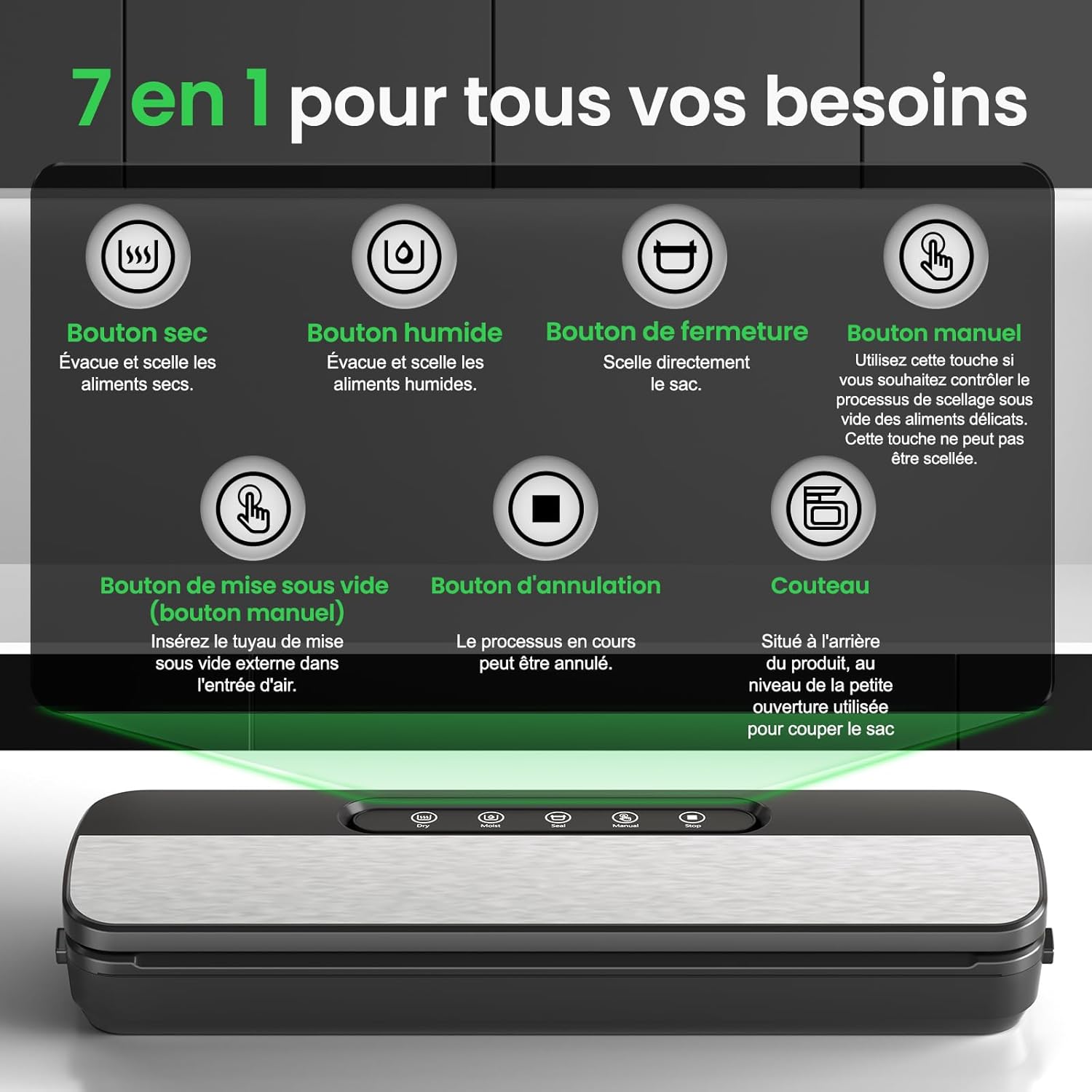 Machine sous vide alimentaire - 7-en-1, 130W, 90kPa, coupe et tuyau