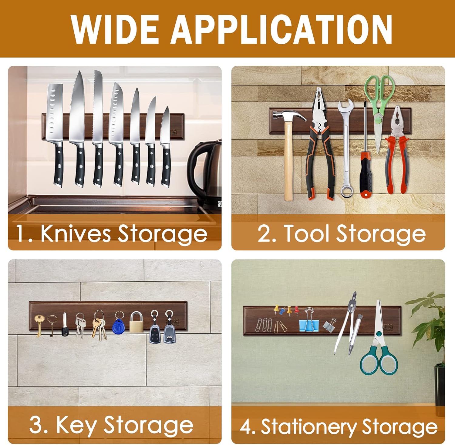 HOSHANHO - Porte-couteaux magnétique bois - 40cm - aimant puissant