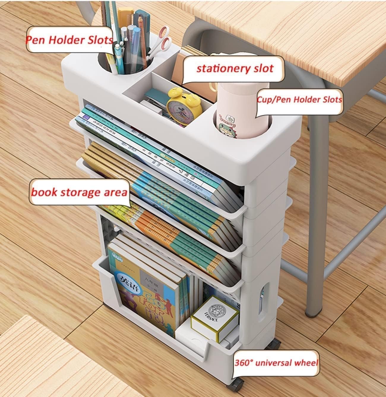 Étagère de bureau mobile - 5 niveaux - avec roulettes, rangement étroit, organisateur porte-revues, pour maison/cuisine/