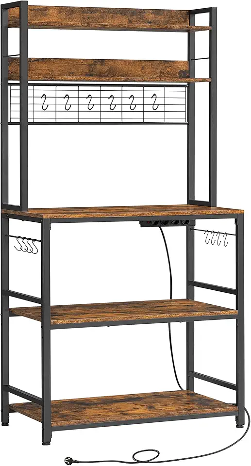 VASAGLE - étagère cuisine série KKS - 40x80x170 cm, multiprise, crochets, marron/noir, KKS025B01EU