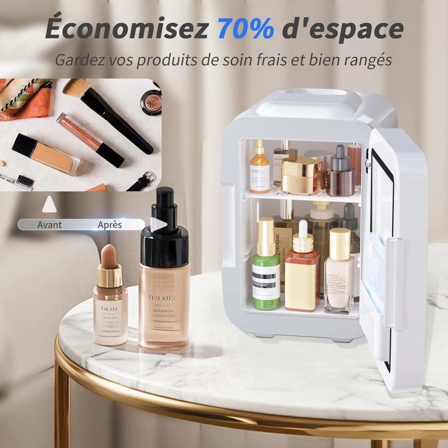 YASHE - Mini frigo chambre 4L, miroir LED, chauffe/refroidit, portable