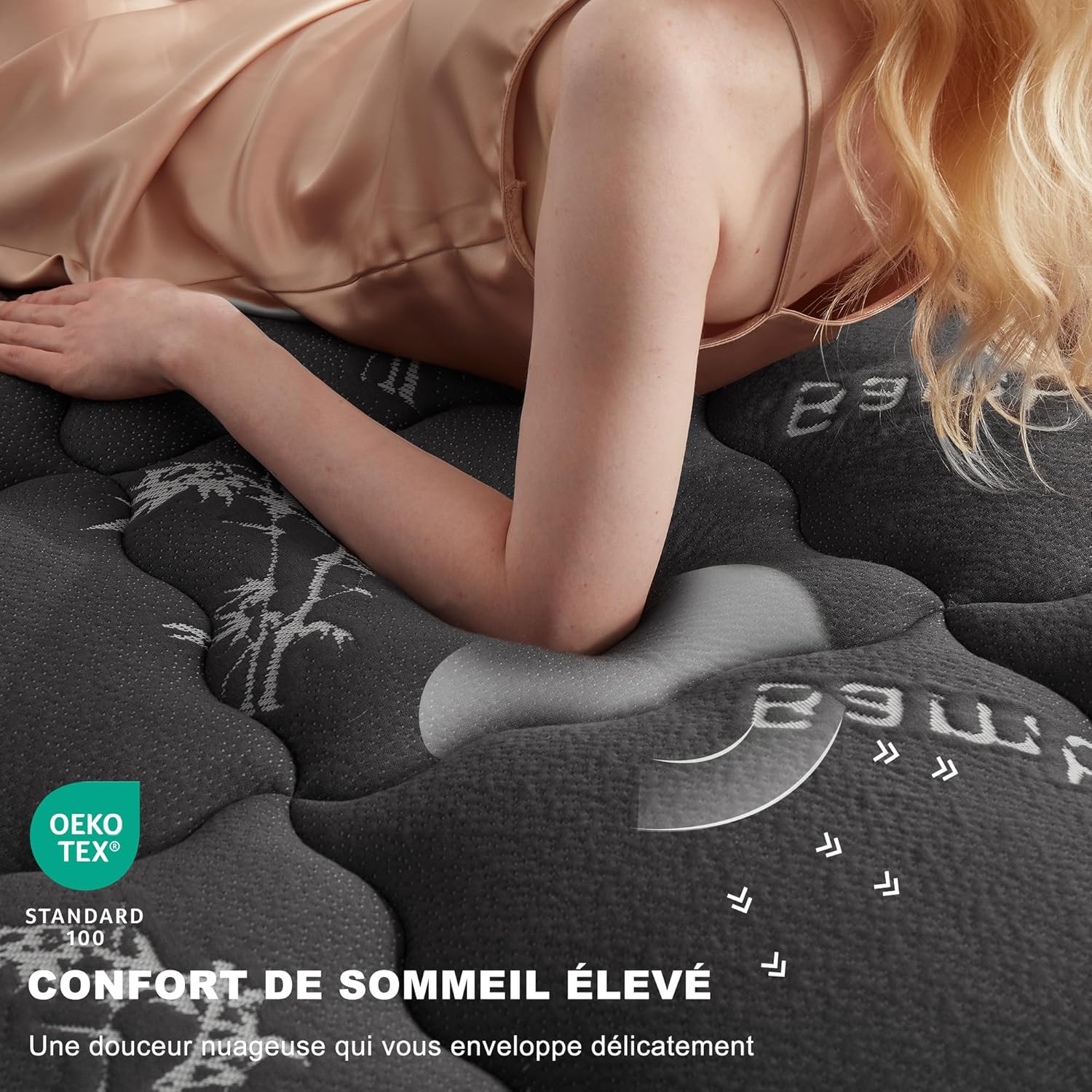 BEDLORE - surmatelas matelassé, 90x200cm, viscose bambou, bonnet 30cm, Oeko-Tex, gris foncé