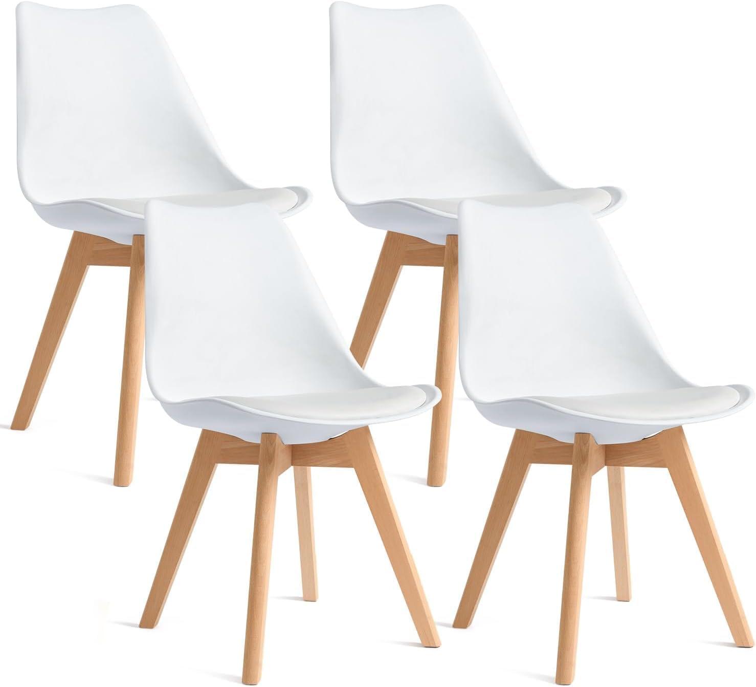 CangLong - ensemble 4 chaises rétro - bois hêtre - blanc, sièges capitonnés