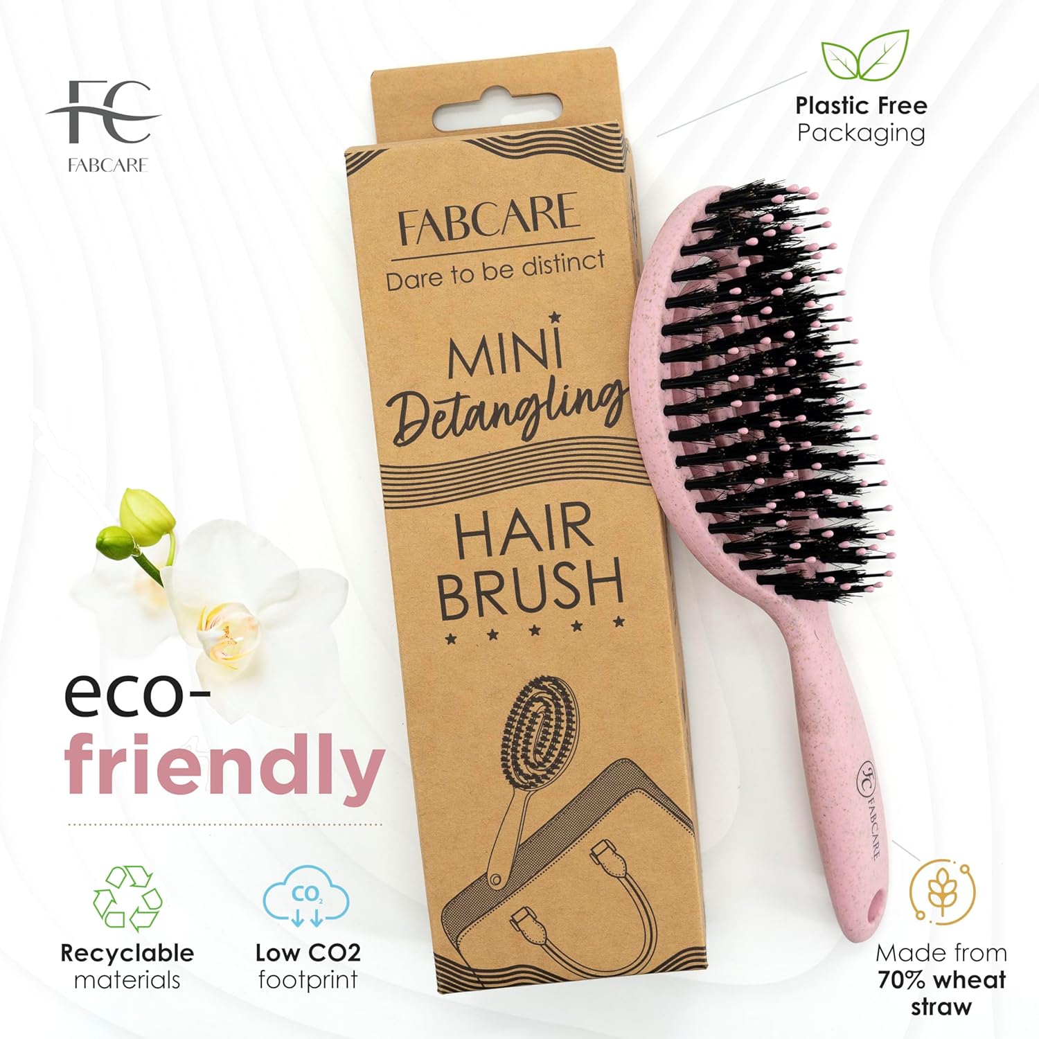FABCARE - Mini brosse cheveux, poils sanglier, double ressort, compacte, rose